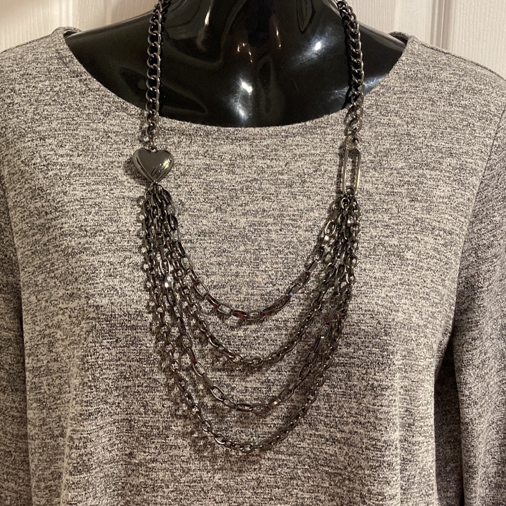 NWOT - Guess Gunmetal Silver Engraved Heart Multi-Chain & Safety Pin Necklace